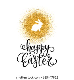 Happy Easter card on the gold glitter background.
Happy Easter lettering with a rabbit silhouette. Vector illustration.