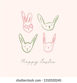 Happy Easter card on pink background with rabbit heads. Baby cute decoration