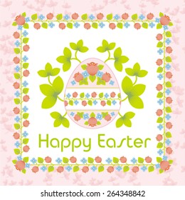 Happy easter card with an ornament from flowers and leaves drawn on a light pink background 