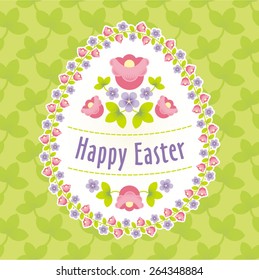 Happy easter card with an ornament from flowers and leaves drawn on a lime green background 