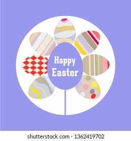 Happy Easter card with ornamental colorful eggs on blue background.