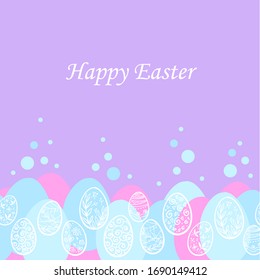 Feliz Pascua con orilla ornamental de huevos, puntos, cinturas, curvas, hojas florales. Azul, rosa, violeta.  vector dibujado a mano. 