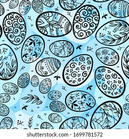 Happy Easter card with ornamental line eggs, dots, wawes, curves, floral leaves. Blue and black colours.  Hand drawn vector illustration.