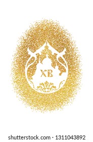 Happy Easter card with orthodox church silhouette on the gold glitter egg background. Vector illustration.