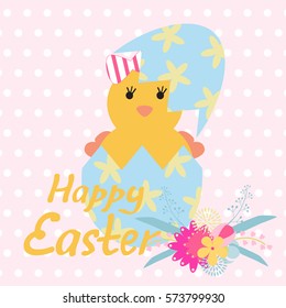 Happy Easter card. Ostern celebration card template with cute chick and egg. Cartoon style. Vector illustration.