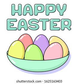 Happy Easter card with painted eggs in plate and lettering. Holiday concept coloring in pastel colors - pink, blue, yellow, green and coral. Square vector flat illustration isolated on white