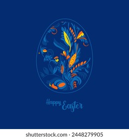 Happy Easter card with painted eggs. Traditional Easter symbols in yellow and blue colors