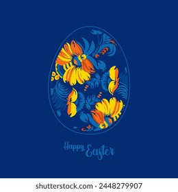 Tarjeta de Pascua feliz con huevos pintados. Símbolos tradicionales de Pascua en colores amarillo y azul