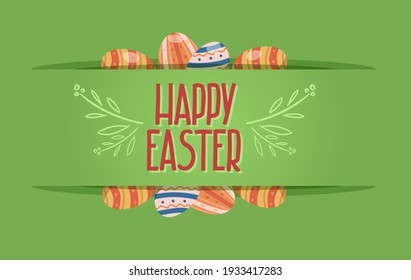 tarjeta de Pascua feliz con papel cortado y huevos pintados sobre fondo verde. ilustración vectorial.