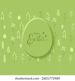 Happy Easter card. Paper cut egg and hand painted spring plants and flowers