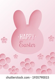 Feliz tarjeta de Pascua. Conejo de papel rosa en margaritas