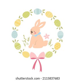Happy Easter card in pastel spring colors. Cute  easter Bunny. Vector illustration.