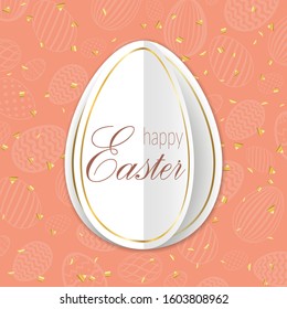 Happy Easter card, pastel textured eggs background. Gold decoration paper frame. Greeting Easter 3D. Golden border template. Holiday design poster, banner, invitation Vector illustration