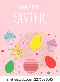 Happy Easter card with pattern brushes, Easter eggs, cupcakes. Modern handcrafted design. Childish style.