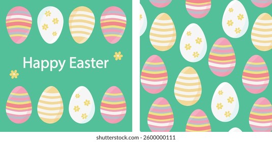 Happy Easter card and pattern. Festive Easter set of illustrations with eggs and greetings. Seamless vector background. Ideal for social networks, cards, banners, packaging and fabric.