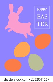 Happy easter card with pink bunny and colorful eggs on purple background. Easter abstract modern geometry card.