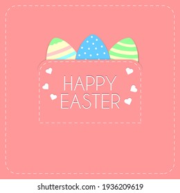 Happy Easter card in pink color with colorful Easter eggs from the pocket. Vector illustration. Simple design.
