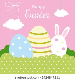 Happy Easter card pink color, celebration, eggs and bunny, decoration, vector, illustration