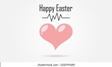 Happy Easter card with a pink heart with an inscription on a white background.