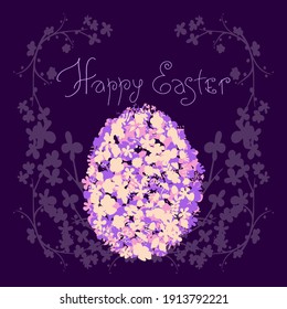 Happy Easter card. Pink, lilac and yellow flowers egg. Flower wreath. Lettering. Square festive background for celebration.