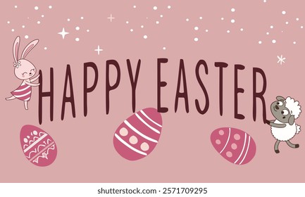 Happy Easter card with pink patterns , painted Egg, kawaii  rabbit and cute sheep. Vector illustration
