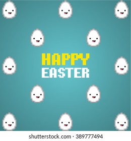 Happy easter card. Pixel easter icons.