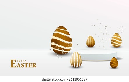 Happy Easter card with podium. Holiday vector background. Stage with 3d easter gold eggs.
