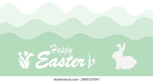 Happy Easter card or postcard, greetings for family and friends, spring season green pattern with a white bunny and white grass and flowers. 