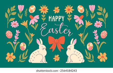 Happy Easter. Easter card, poster, banner template with Easter eggs, bunnies and flowers. Greeting Easter card in flat style. Vector illustration