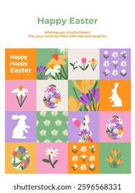 Happy Easter card, poster banner with hand drawn spring flowers, eggs and Easter bunny. Creative concept for greetings, web, ads, sales