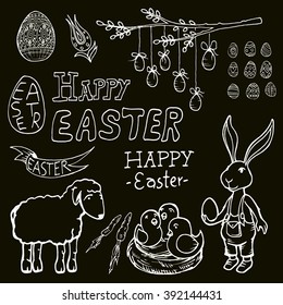Happy Easter card, poster and banner elements. Hand drawn vector illustration in cartoon style