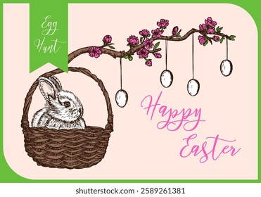 Happy Easter card, poster with cherry branch and rabbit sketch outline illustration. Festive doodle drawing in engraving style. Hand drawn vector line art