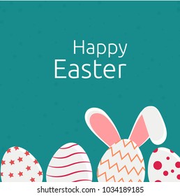 Happy easter card and poster design with multicolor easter egg and bunny.  Vector illustration for poster and card.