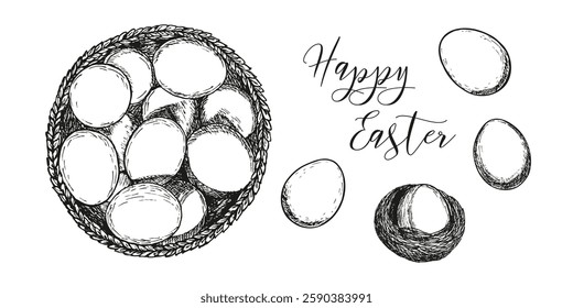 Happy Easter card, poster with Easter eggs sketch outline illustration. Festive doodle drawing in engraving style. Hand drawn vector line art