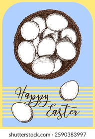 Happy Easter card, poster with Easter eggs sketch outline illustration. Festive doodle drawing in engraving style. Hand drawn vector line art
