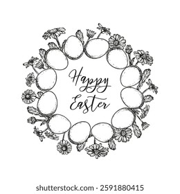 Happy Easter card, poster with Easter eggs frame sketch outline illustration. Festive doodle drawing in engraving style. Hand drawn vector line art