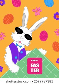 Happy Easter card and poster with hand drawn cute easter bunny, eggs, spring flowers. Easter background, cover, flyer, label template. Vector illustration
