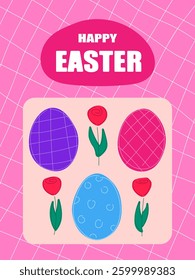 Happy Easter card and poster with hand drawn cute easter eggs, spring flowers. Easter background, cover, flyer, label template. Vector illustration