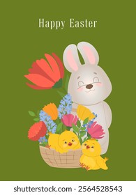 Happy Easter. Card, poster, invitation with Bunny and basket with flowers and chicks. Modern design style.