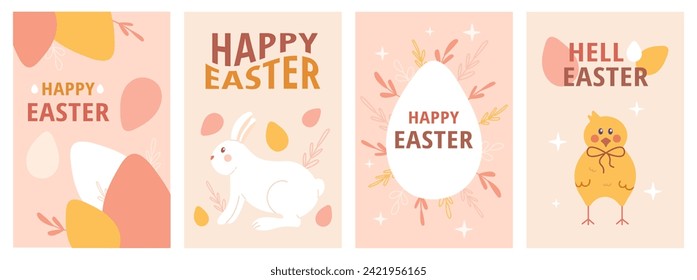 Happy Easter card, poster set. Easter eggs, bunny. Spring modern vector illustration