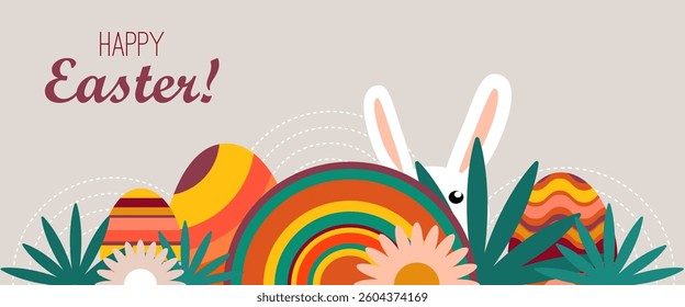 Happy Easter card, print or poster.  Easter symbols.  Vector design illustrations . Eggs, rabbit, flower.