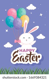happy easter card with rabbit and balloons helium vector illustration design
