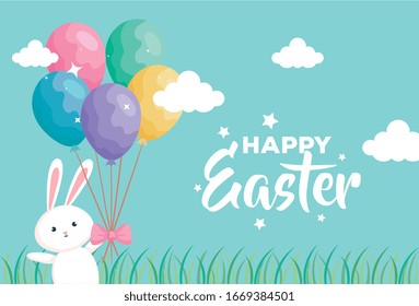 happy easter card with rabbit and balloons helium vector illustration design
