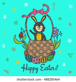 Happy Easter card with rabbit and basket. Vector illustration of Easter ornamental card with Bunny on blue background.