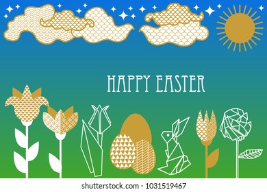 Happy Easter card with rabbit, blooming spring flowers, clouds and ornate eggs. New minimalism linear style. Template for posters, banners, invitations. White, blue, green and golden.