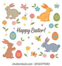 Happy Easter card with rabbit, bunny, spring flowers, colorful painted eggs, butterflies. Spring Easter background, cute holiday clip art, greeting card, poster. Vector elements isolated on white.