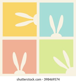 Happy Easter card with rabbit, bunny, Holiday greeting card. Vector Illustration. Light Yellow, Blue, Pink and Green color.