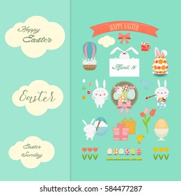 Happy Easter Card with Rabbit Bunny and Holiday Elements and Icons on Blue Background. Vector Illustration.