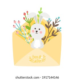 Happy Easter card with rabbit. Cartoon specials paper with blossom branches, happy bunny in holiday postcard, vector illustration of celebrating spring day isolated on white backgro