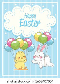 tarjeta de Pascua feliz con conejo y pollito en globos diseño vectorial de helio